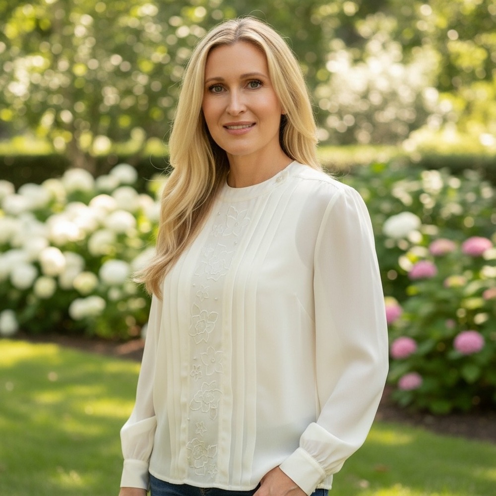 Chaus Vintage Cream Floral Embroidered Pleated Blouse High Neck Long Sleeve L